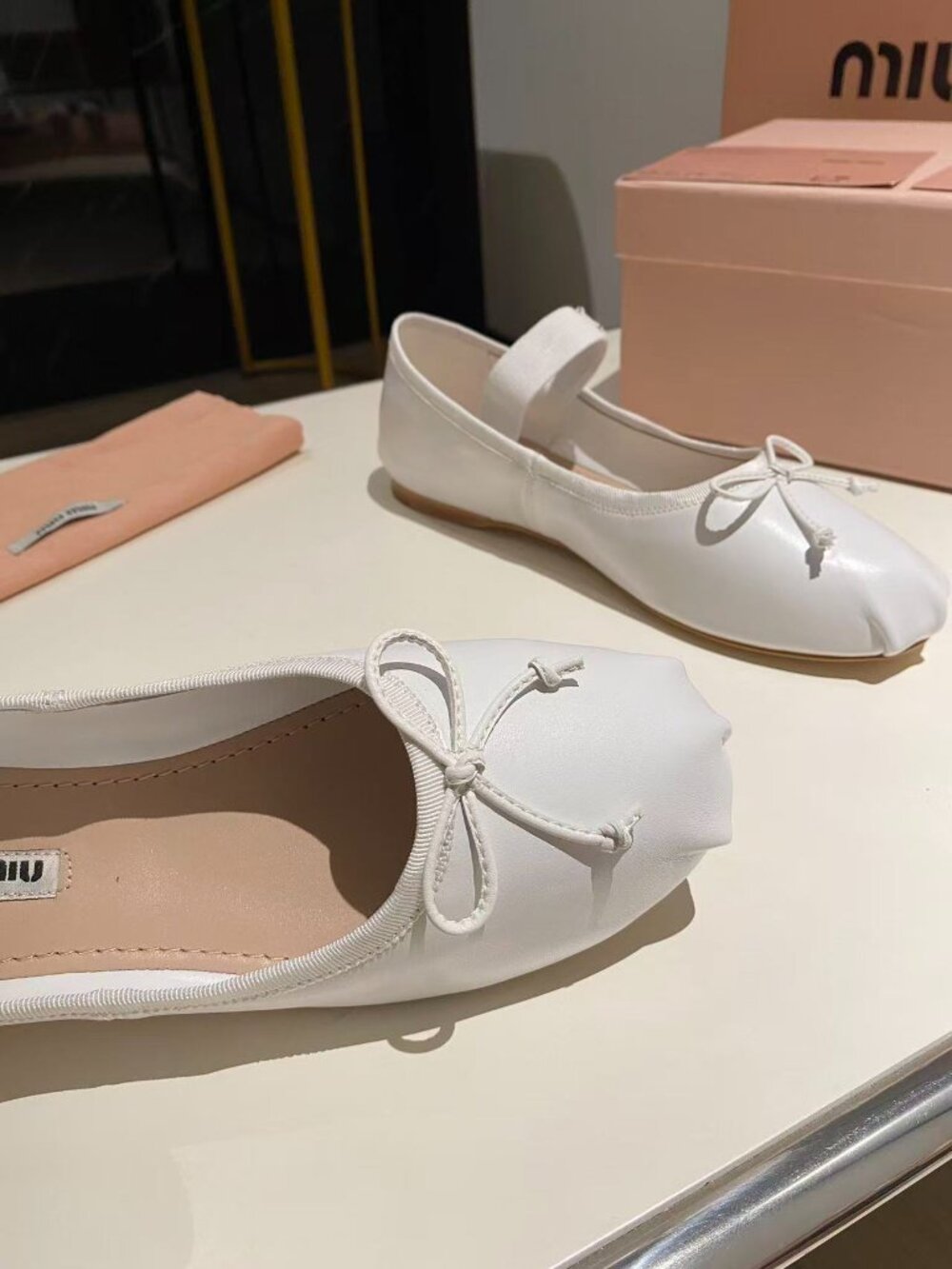 Miu Miu Cream Ballet Flats with Bow - Picture 6 of 8
